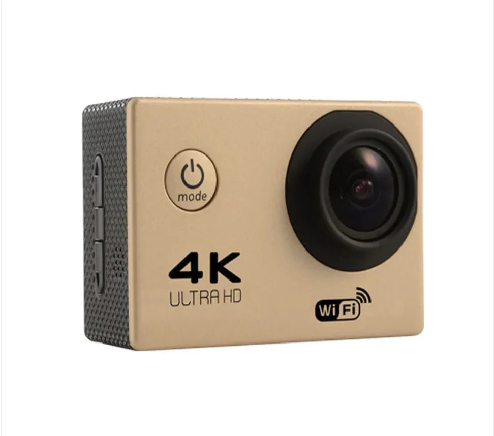 Beige 4K Ultra HD WiFi mini waterproof smart action camera with front lens and mode button