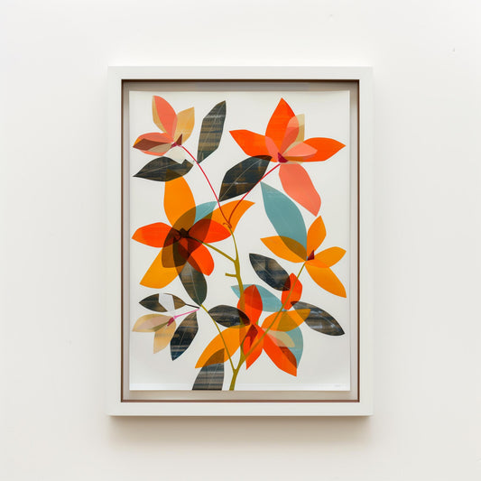 Framed botanical print with orange and yellow flower shapes