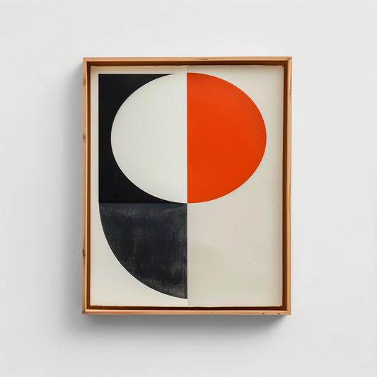 Framed abstract wall art with red and black geometric shapes on white background